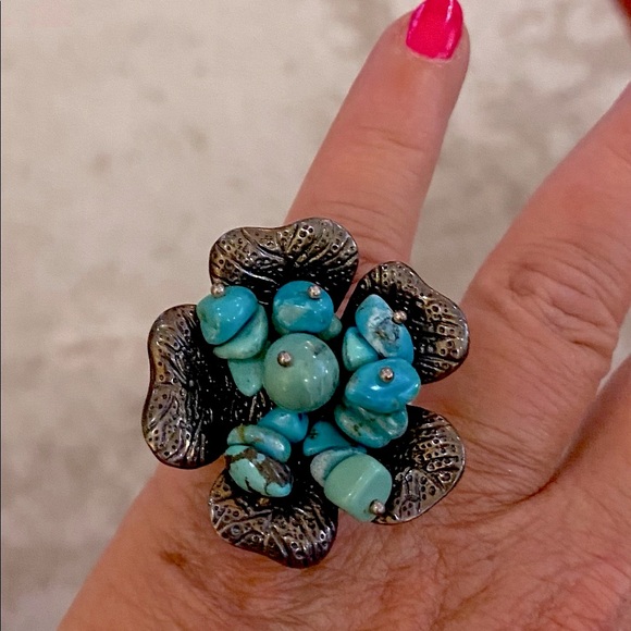 Funky Boho Western Vintage Large Ring Flower Turquoise Silver 925 Sz 7 - Picture 1 of 10